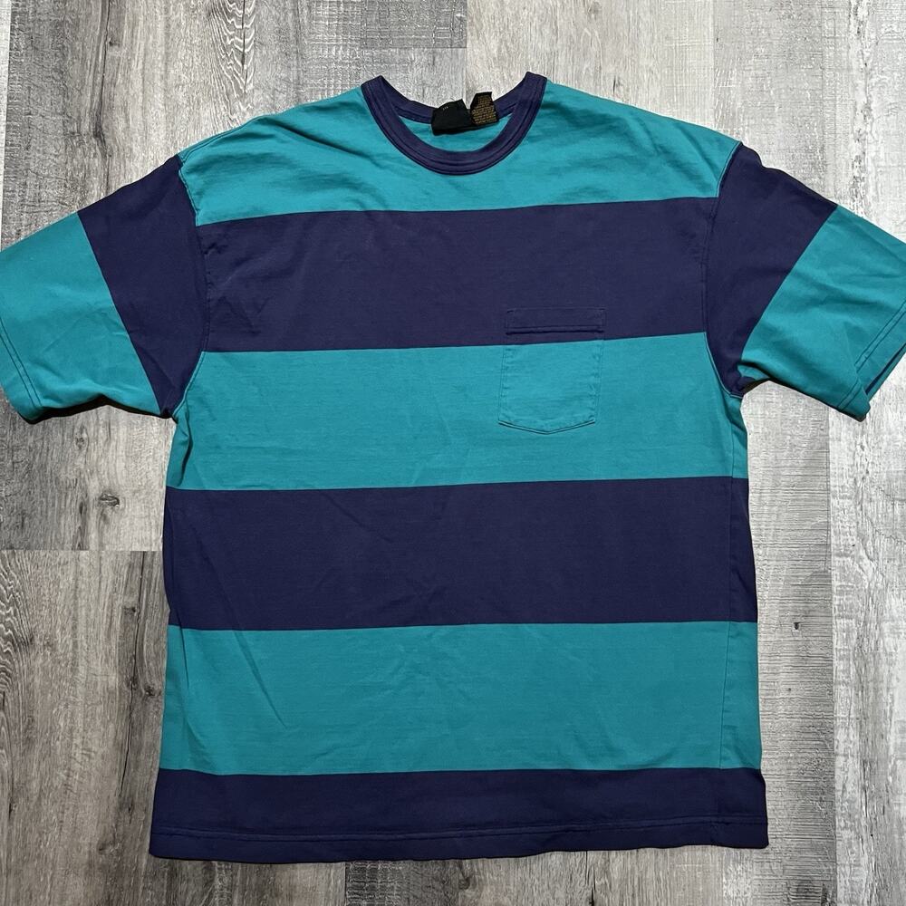 VTG Eddie Bauer 80s 90s Teal Striped Pocket Tee Mens USA Skater Surf Blank XL